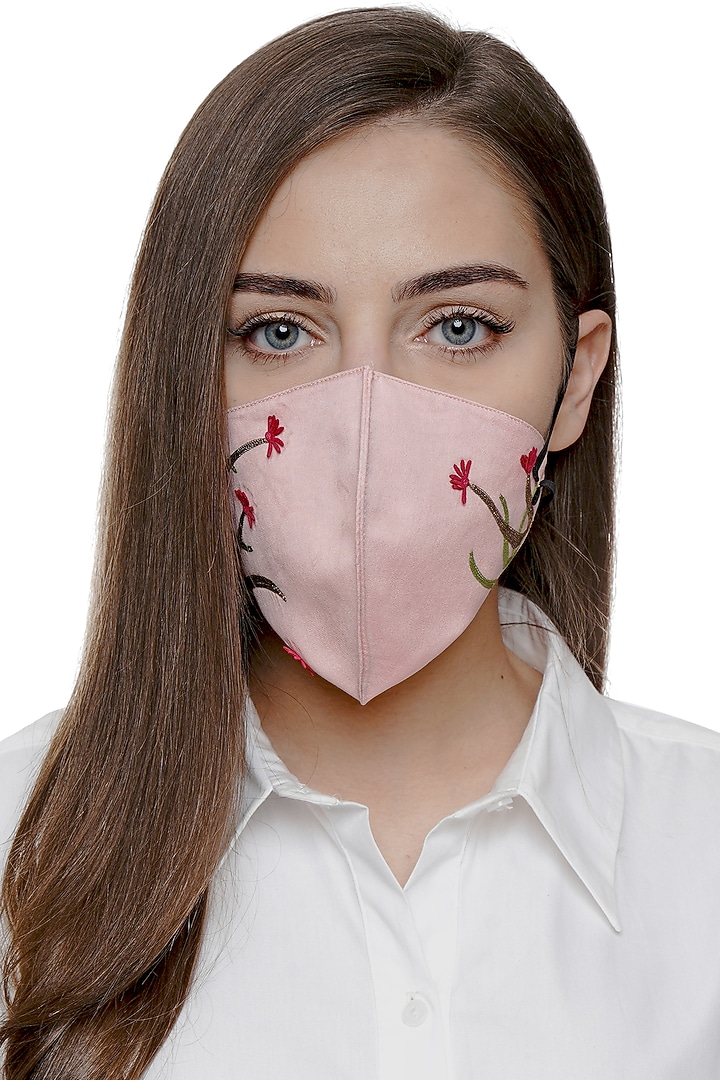 Blush Pink Embroidered Antimicrobial Mask With Pouch by Limerick By Abirr N' Nanki at Pernia's Pop Up Shop