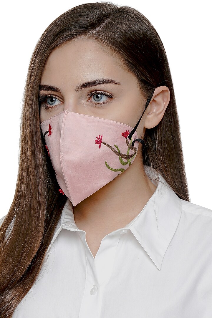 Blush Pink Embroidered Antimicrobial Mask With Pouch by Limerick By Abirr N' Nanki at Pernia's Pop Up Shop