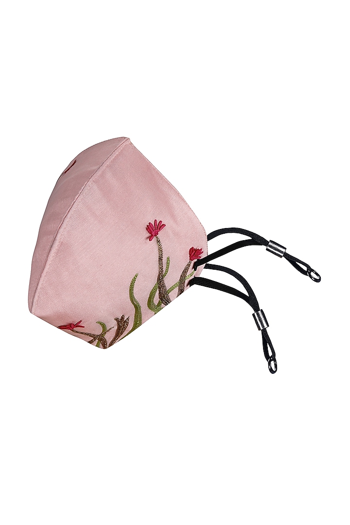 Blush Pink Embroidered Antimicrobial Mask With Pouch by Limerick By Abirr N' Nanki at Pernia's Pop Up Shop