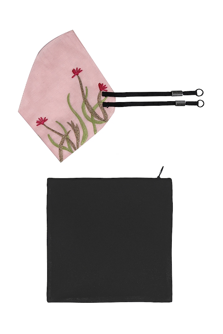 Blush Pink Embroidered Antimicrobial Mask With Pouch by Limerick By Abirr N' Nanki at Pernia's Pop Up Shop