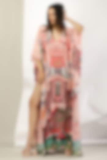 Peach Crepe Silk Printed & Embroidered Kaftan by Limerick By Abirr N' Nanki at Pernia's Pop Up Shop