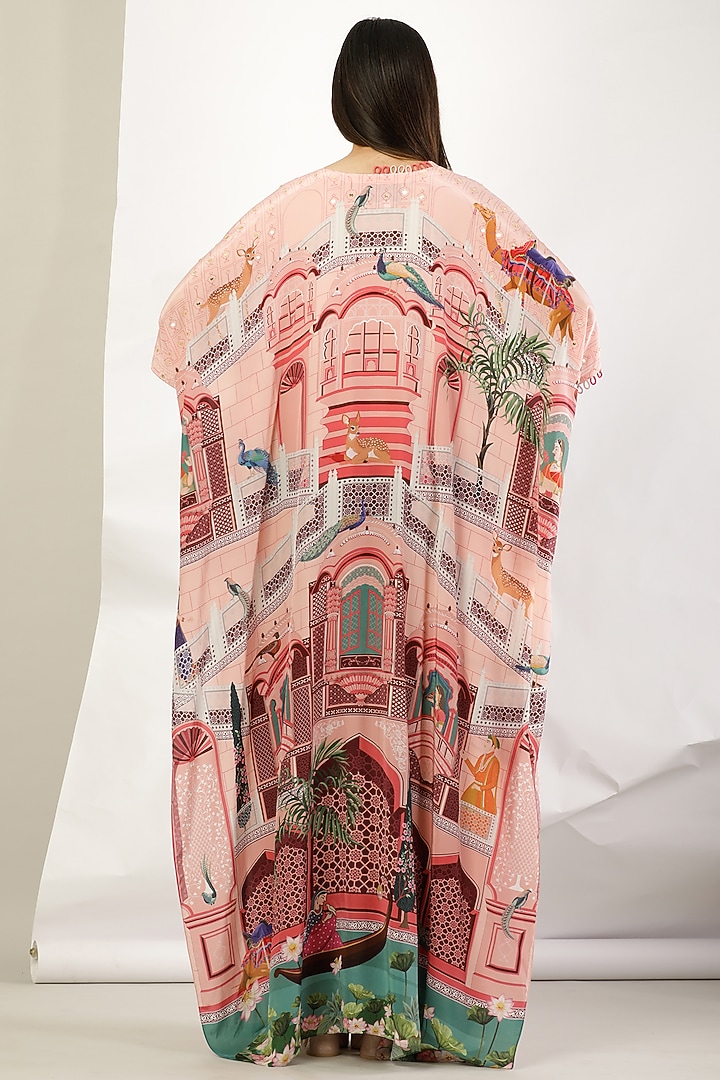 Peach Crepe Silk Printed & Embroidered Kaftan by Limerick By Abirr N' Nanki at Pernia's Pop Up Shop