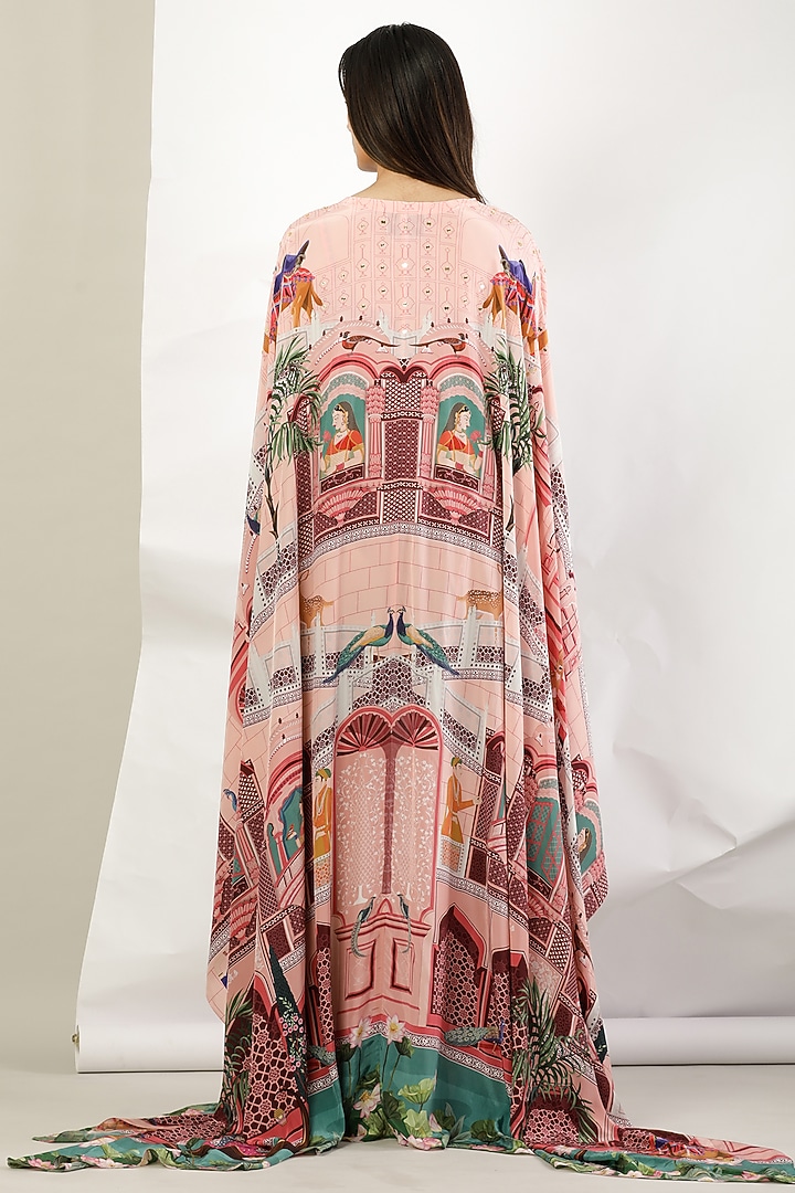 Peach Crepe Silk Printed & Embroidered Cape by Limerick By Abirr N' Nanki at Pernia's Pop Up Shop