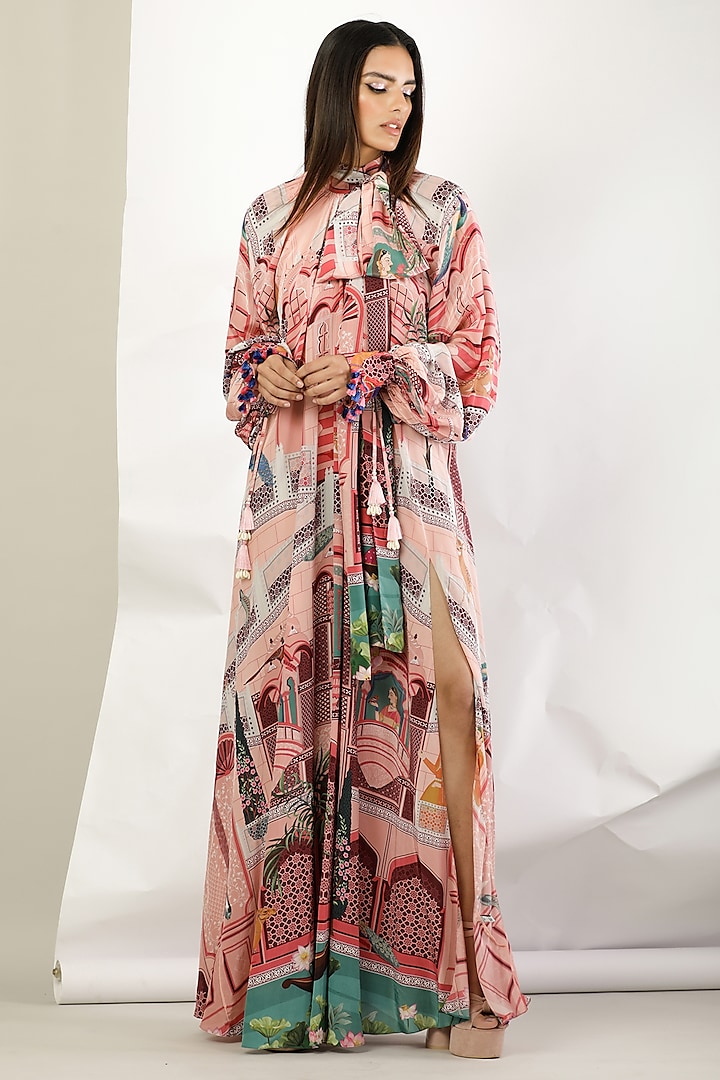 Peach Crepe Printed & Embroidered Maxi Dress by Limerick By Abirr N' Nanki