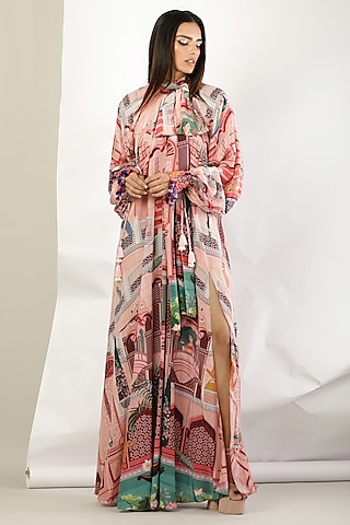 Peach Crepe Printed & Embroidered Maxi Dress by Limerick By Abirr N' Nanki