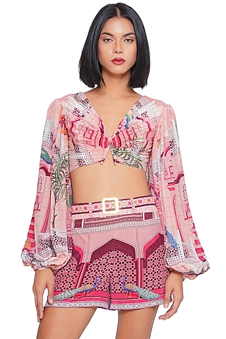 Pink Crepe Printed & Embroidered Draped Top by Limerick By Abirr N' Nanki