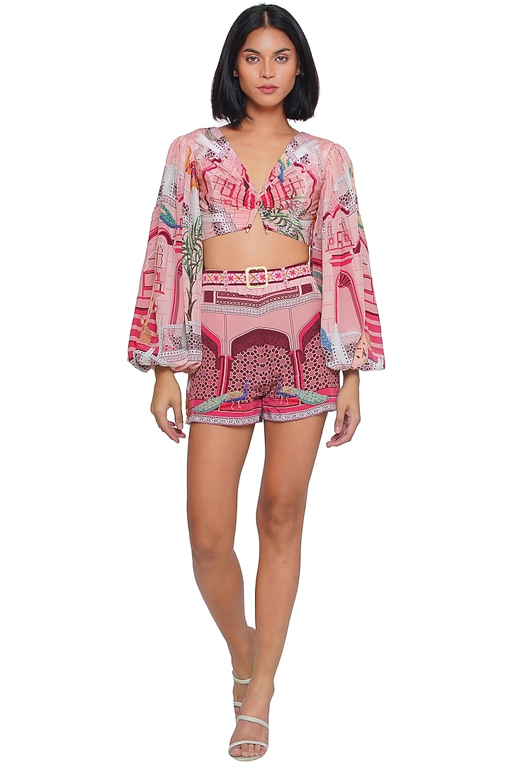 Pink Crepe Printed & Embroidered Draped Top by Limerick By Abirr N' Nanki at Pernia's Pop Up Shop
