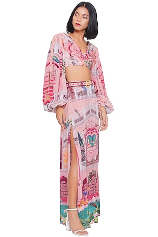 Pink Crepe Printed Pants by Limerick By Abirr N' Nanki