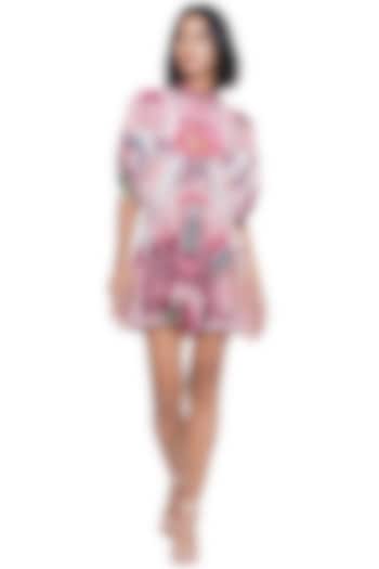 Pink Crepe Printed & Embroidered Mini Draped Summer Dress by Limerick By Abirr N' Nanki at Pernia's Pop Up Shop