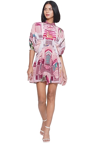 Pink Crepe Printed & Embroidered Mini Draped Dress by Limerick By Abirr N' Nanki