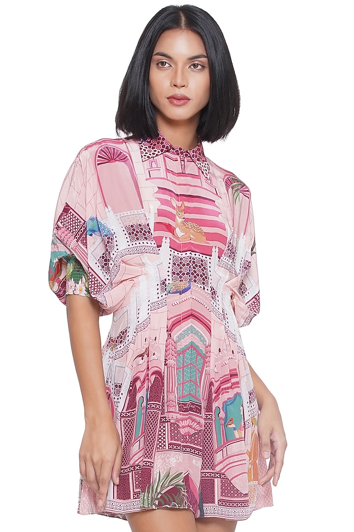 Pink Crepe Printed & Embroidered Mini Draped Vacation Dress by Limerick By Abirr N' Nanki at Pernia's Pop Up Shop