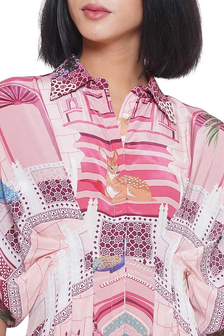 Pink Crepe Printed & Embroidered Mini Draped Vacation Dress by Limerick By Abirr N' Nanki at Pernia's Pop Up Shop