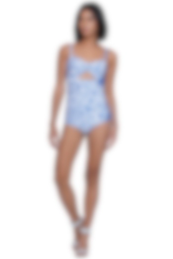 White & Blue Polyester Spandex Printed Monokini by Limerick By Abirr N' Nanki at Pernia's Pop Up Shop