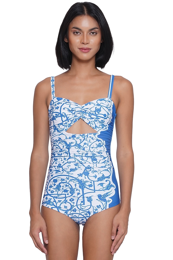 White & Blue Polyester Spandex Printed Monokini by Limerick By Abirr N' Nanki at Pernia's Pop Up Shop