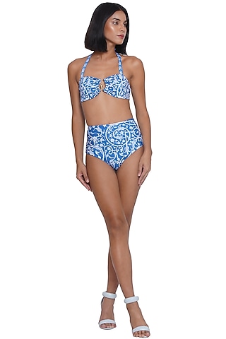 Blue & White Spandex Blend Printed Bikini Set by Limerick By Abirr N' Nanki