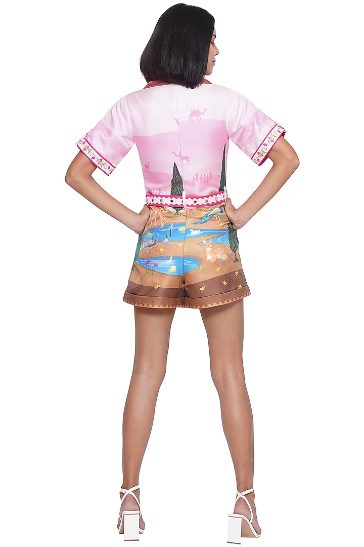 Pink Scallop Textured Satin Printed & Embroidered Playsuit by Limerick By Abirr N' Nanki at Pernia's Pop Up Shop