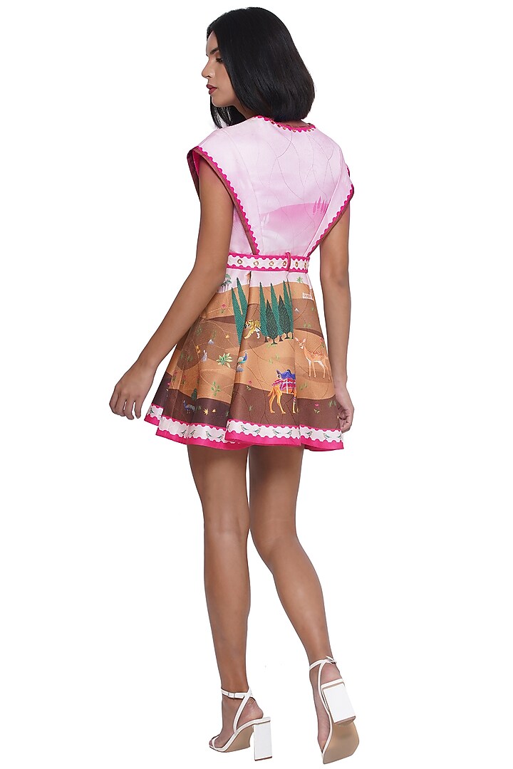 Pink Scallop Textured Satin Printed & Embroidered Mini Vacation Dress by Limerick By Abirr N' Nanki at Pernia's Pop Up Shop