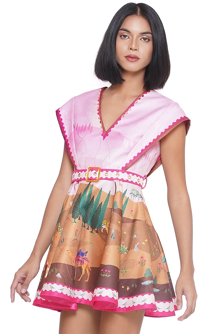 Pink Scallop Textured Satin Printed & Embroidered Mini Vacation Dress by Limerick By Abirr N' Nanki at Pernia's Pop Up Shop