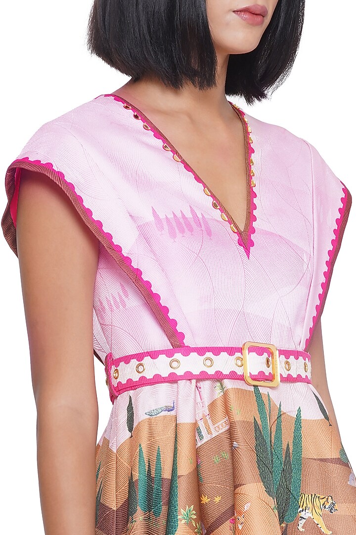 Pink Scallop Textured Satin Printed & Embroidered Mini Vacation Dress by Limerick By Abirr N' Nanki at Pernia's Pop Up Shop