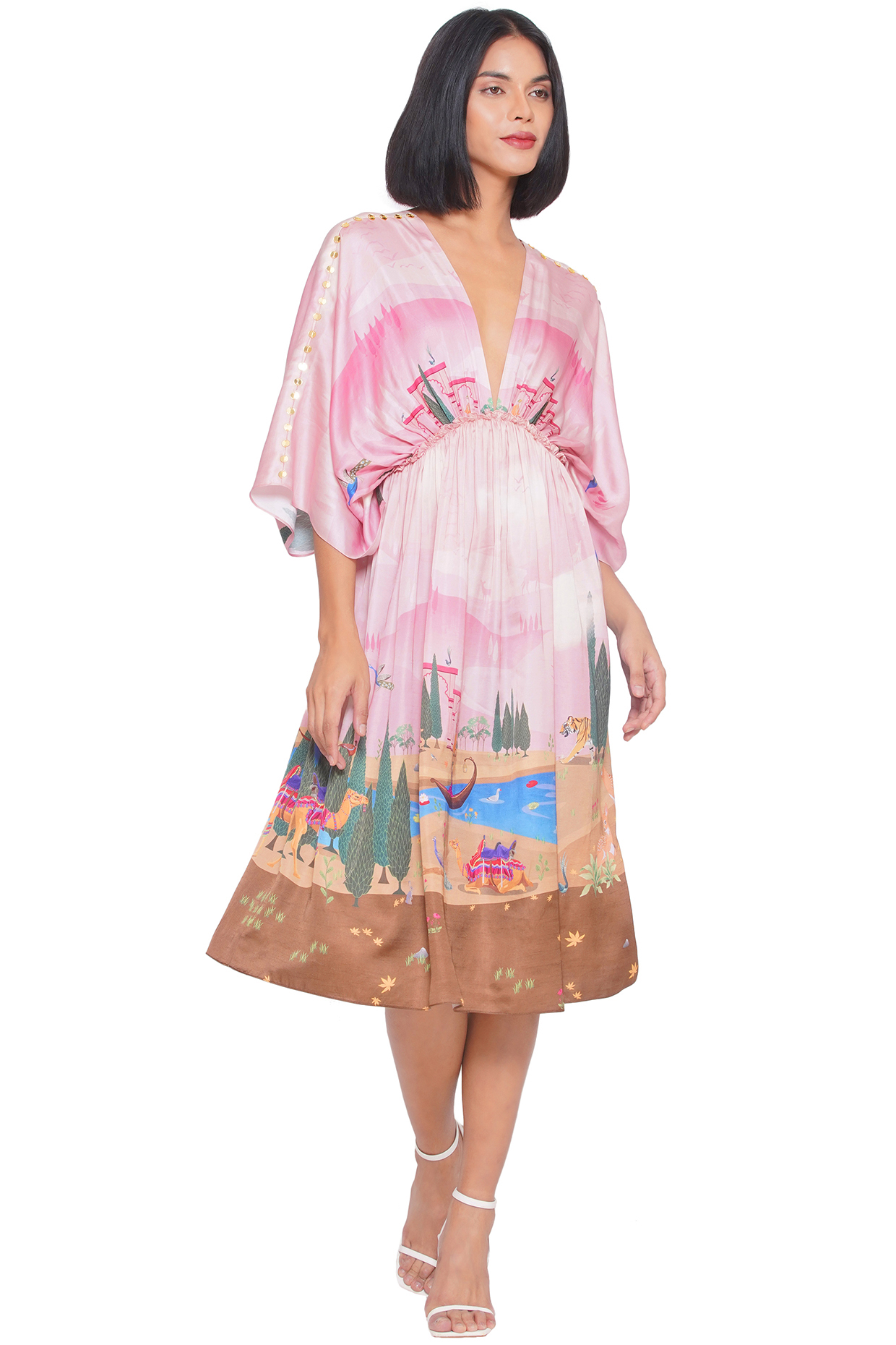 Pink Satin Printed Midi Vacation Dress by Limerick By Abirr N' Nanki at Pernia's Pop Up Shop