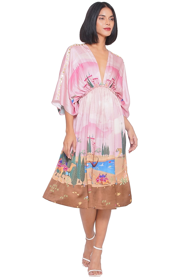 Pink Satin Printed Midi Vacation Dress by Limerick By Abirr N' Nanki at Pernia's Pop Up Shop