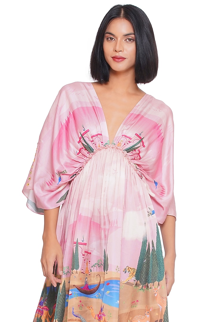 Pink Satin Printed Midi Vacation Dress by Limerick By Abirr N' Nanki at Pernia's Pop Up Shop