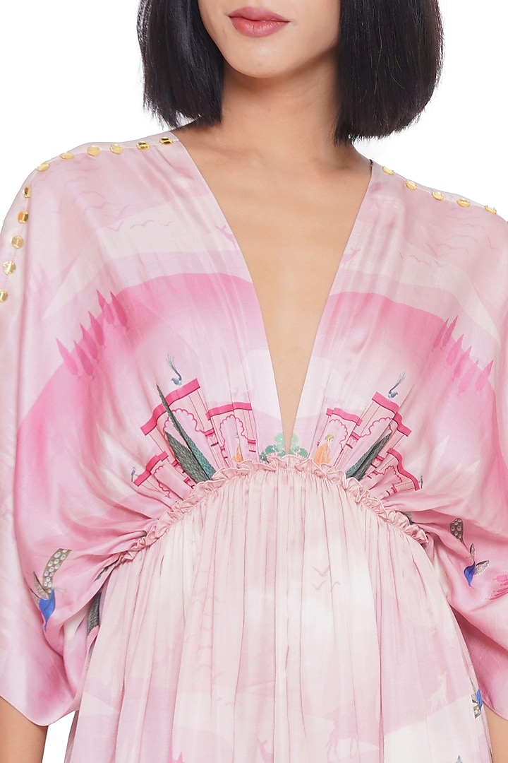 Pink Satin Printed Midi Vacation Dress by Limerick By Abirr N' Nanki at Pernia's Pop Up Shop
