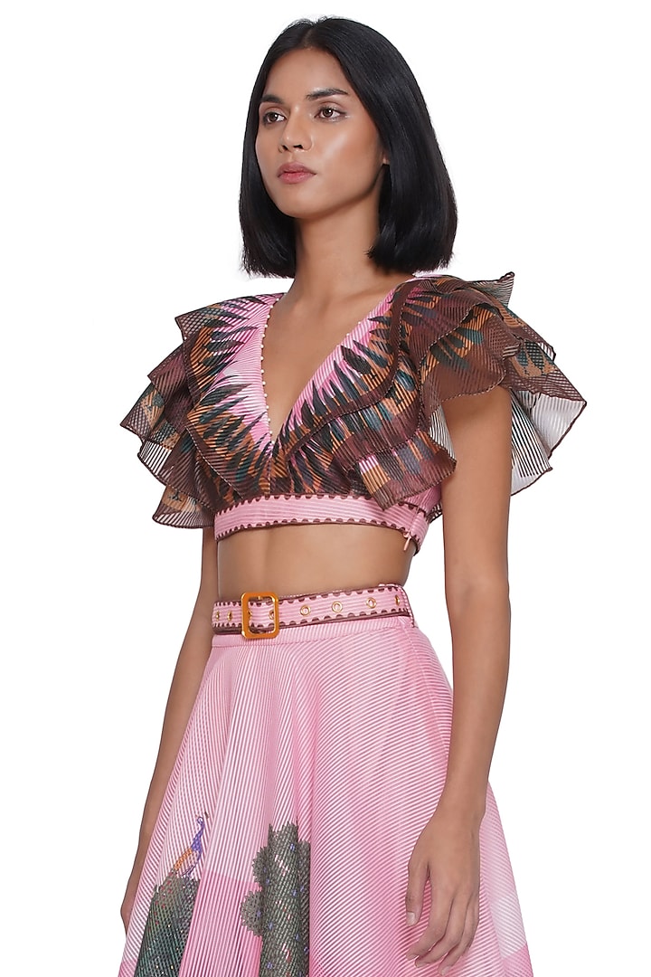 Pink Textured Organza Printed Top by Limerick By Abirr N' Nanki