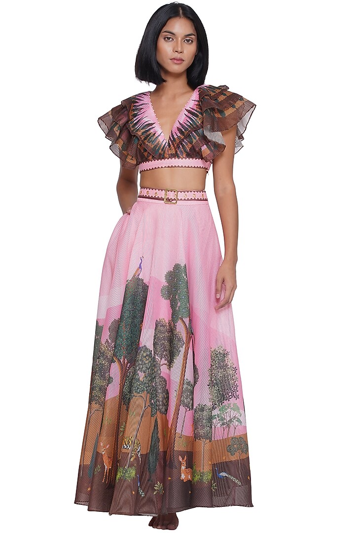 Pink Textured Organza Printed Top by Limerick By Abirr N' Nanki at Pernia's Pop Up Shop