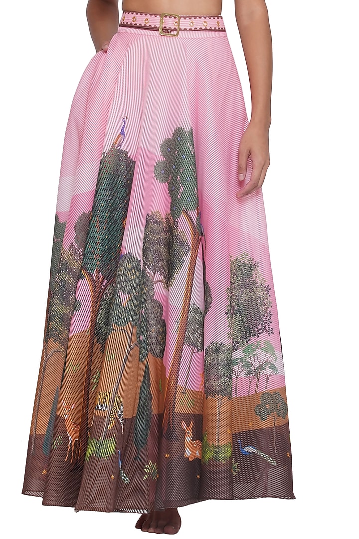 Pink Textured Organza Printed Maxi Skirt by Limerick By Abirr N' Nanki at Pernia's Pop Up Shop