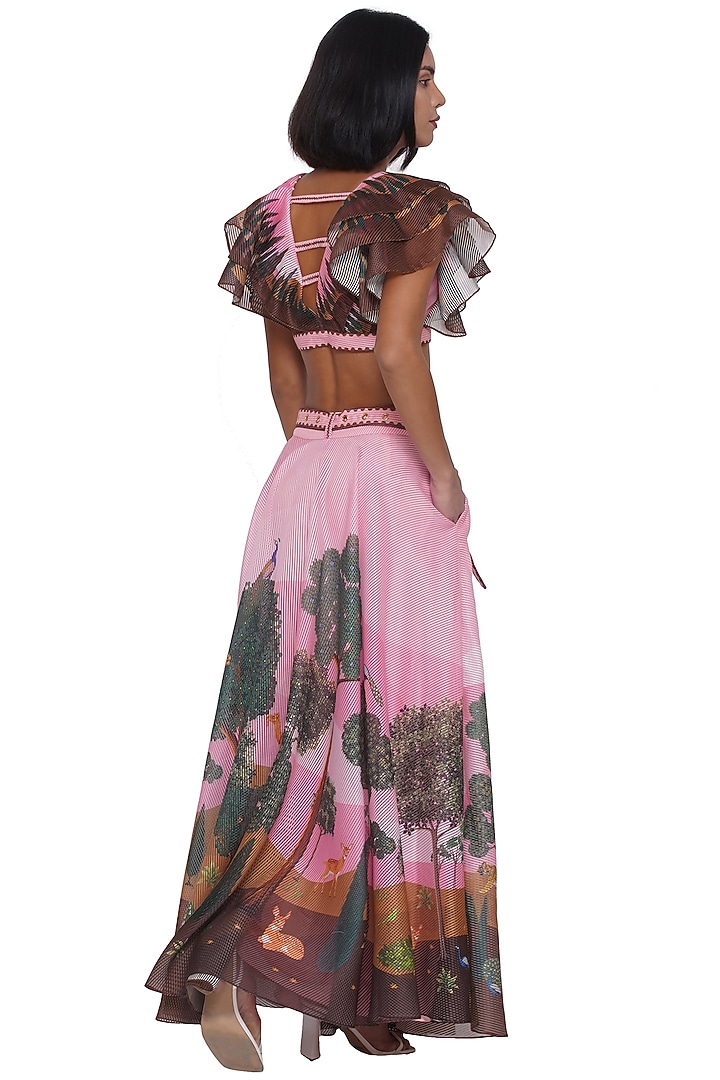 Pink Textured Organza Printed Maxi Skirt by Limerick By Abirr N' Nanki at Pernia's Pop Up Shop