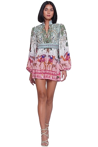 Green Crepe Printed Mini Dress by Limerick By Abirr N' Nanki