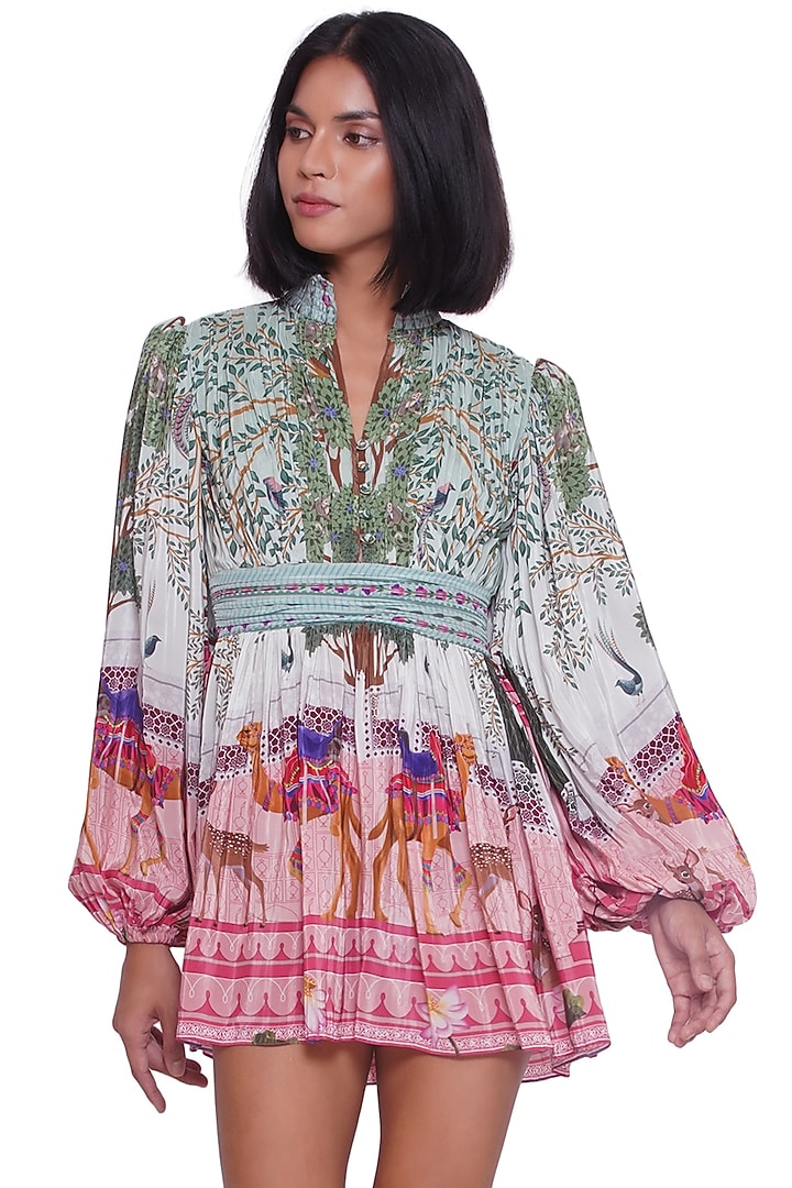 Green Crepe Printed Mini Vacation Dress by Limerick By Abirr N' Nanki at Pernia's Pop Up Shop