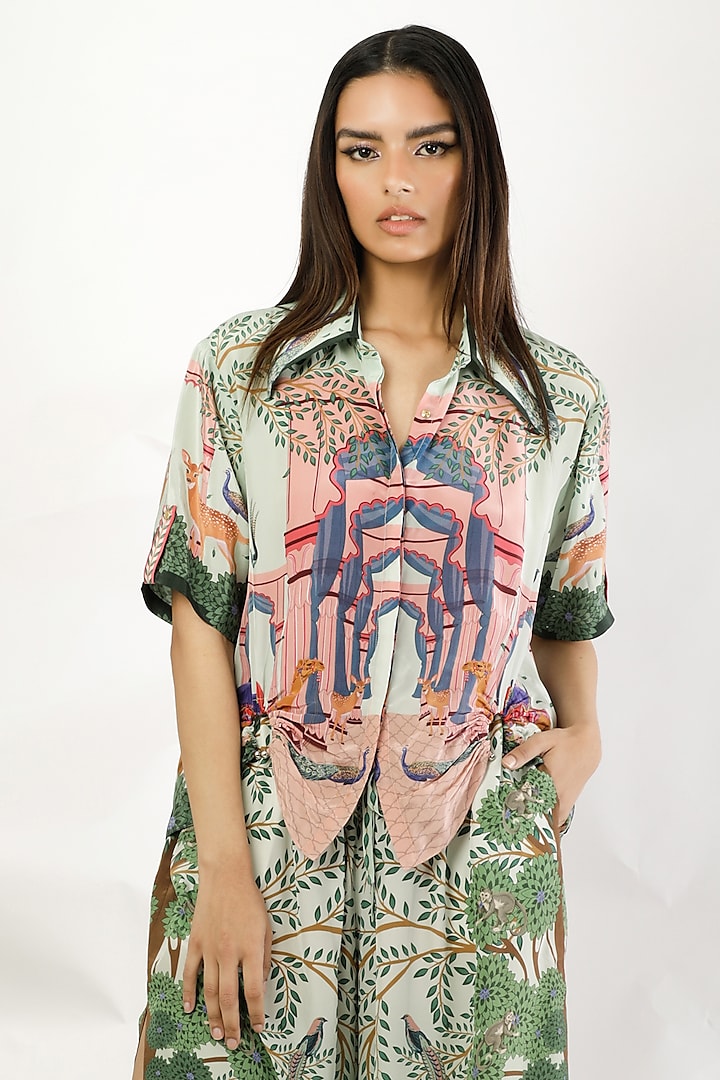 Green Crepe Printed Shirt by Limerick By Abirr N' Nanki at Pernia's Pop Up Shop