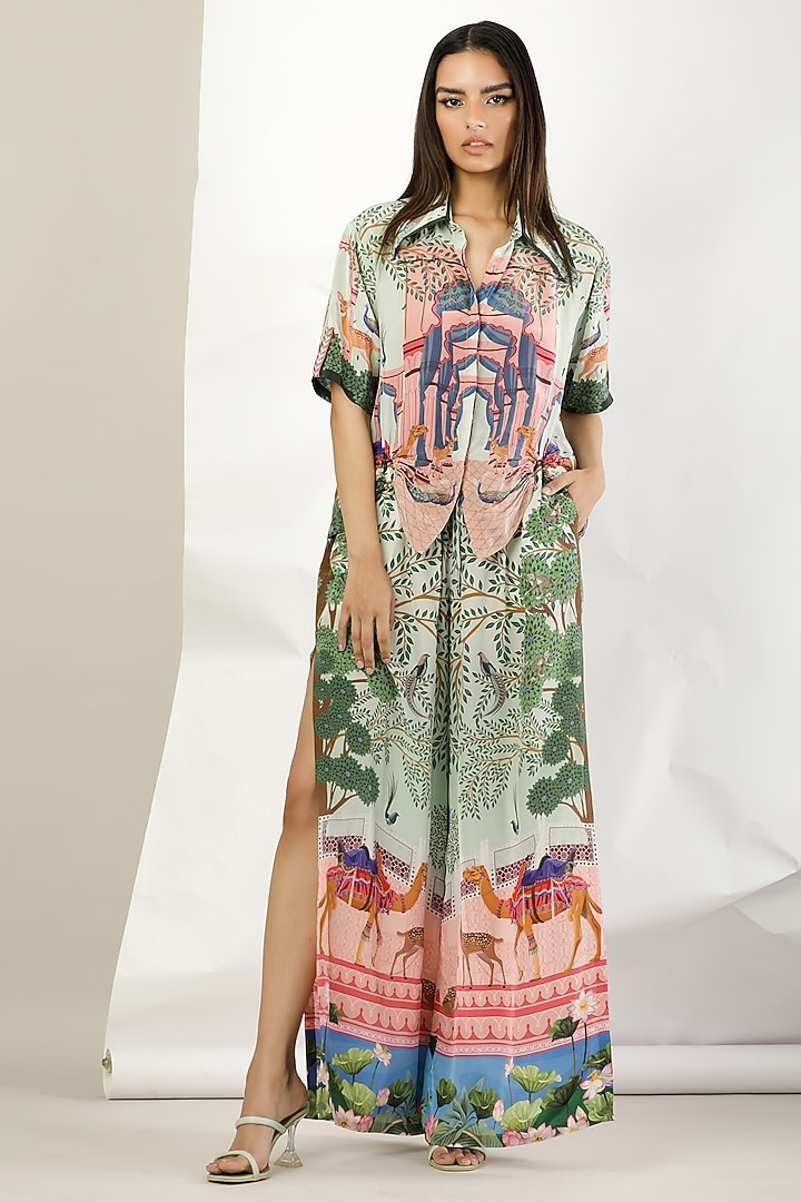 Green Crepe Printed Shirt by Limerick By Abirr N' Nanki at Pernia's Pop Up Shop