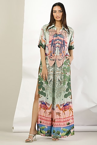 Green Crepe Printed Pants by Limerick By Abirr N' Nanki