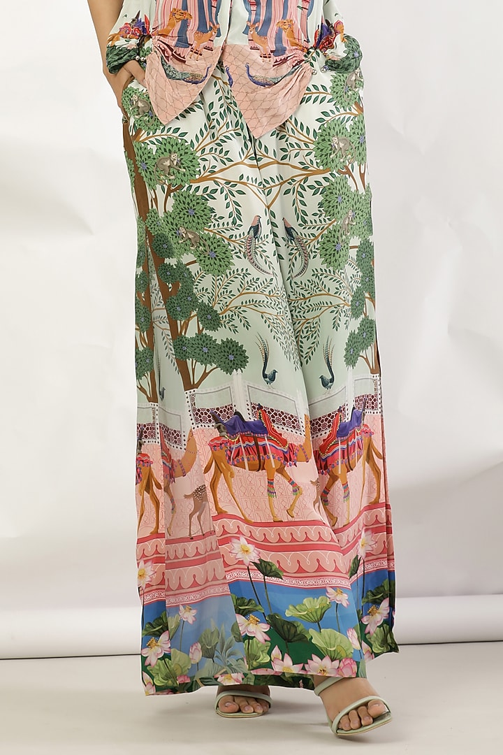 Green Crepe Printed Pants by Limerick By Abirr N' Nanki at Pernia's Pop Up Shop