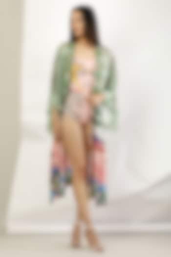 Green Crepe Printed & Embroidered Cape by Limerick By Abirr N' Nanki at Pernia's Pop Up Shop
