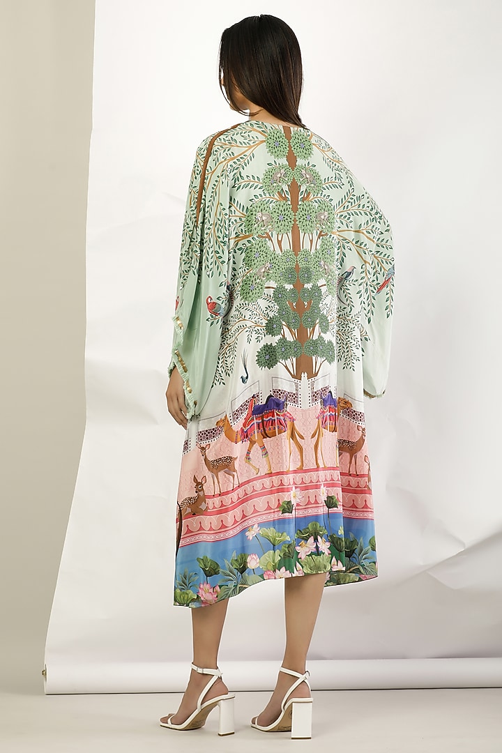 Green Crepe Printed & Embroidered Cape by Limerick By Abirr N' Nanki at Pernia's Pop Up Shop