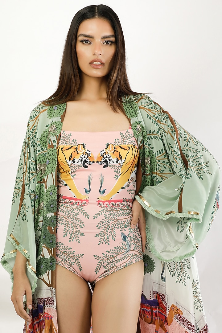Green Crepe Printed & Embroidered Cape by Limerick By Abirr N' Nanki at Pernia's Pop Up Shop
