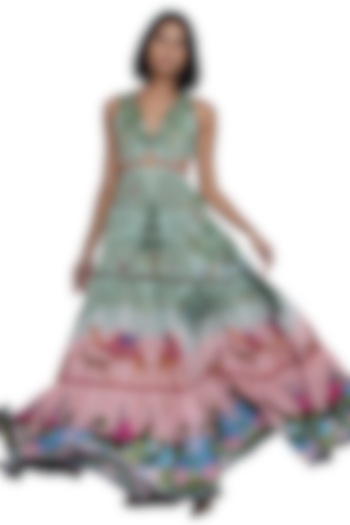 Green Crepe Printed & Embroidered Maxi Vacation Dress by Limerick By Abirr N' Nanki at Pernia's Pop Up Shop