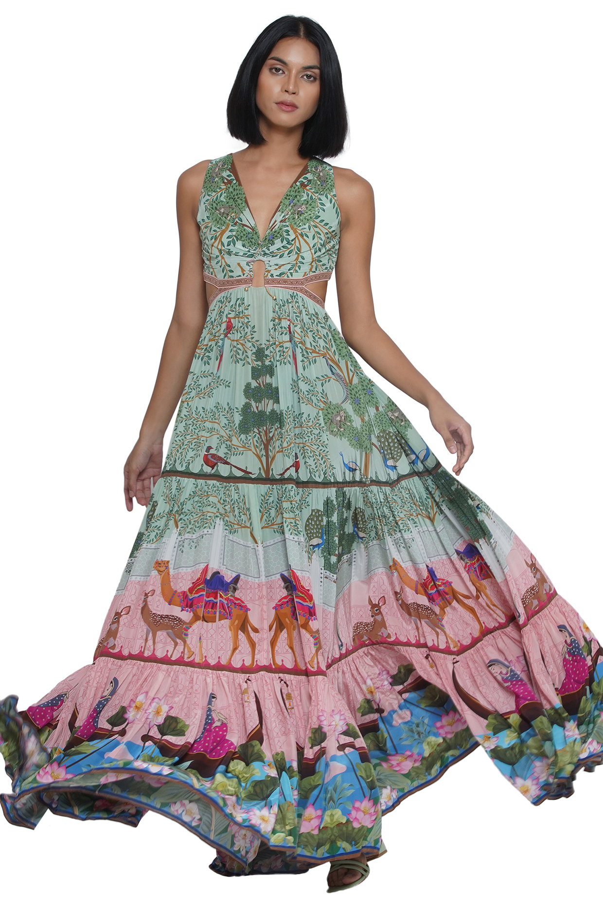 Green Crepe Printed & Embroidered Maxi Vacation Dress by Limerick By Abirr N' Nanki at Pernia's Pop Up Shop