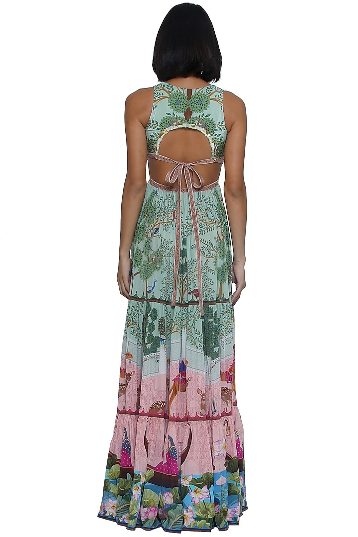 Green Crepe Printed & Embroidered Maxi Vacation Dress by Limerick By Abirr N' Nanki at Pernia's Pop Up Shop