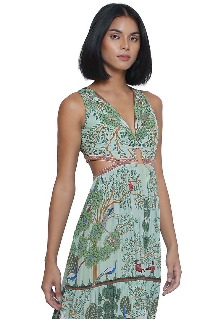 Green Crepe Printed & Embroidered Maxi Vacation Dress by Limerick By Abirr N' Nanki at Pernia's Pop Up Shop