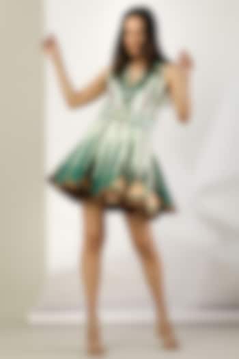 Green Textured Satin Printed Mini Vacation Dress by Limerick By Abirr N' Nanki at Pernia's Pop Up Shop