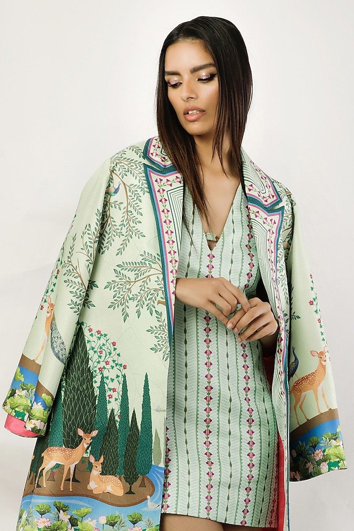 Green Textured Satin Printed & Embroidered Mini Summer Dress by Limerick By Abirr N' Nanki at Pernia's Pop Up Shop
