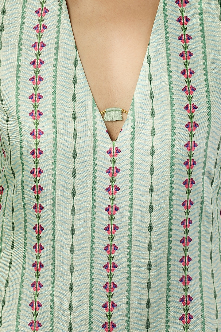 Green Textured Satin Printed & Embroidered Mini Summer Dress by Limerick By Abirr N' Nanki at Pernia's Pop Up Shop