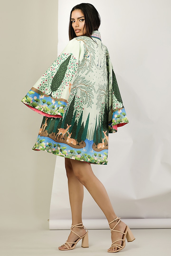 Green Textured Satin Printed Jacket by Limerick By Abirr N' Nanki at Pernia's Pop Up Shop