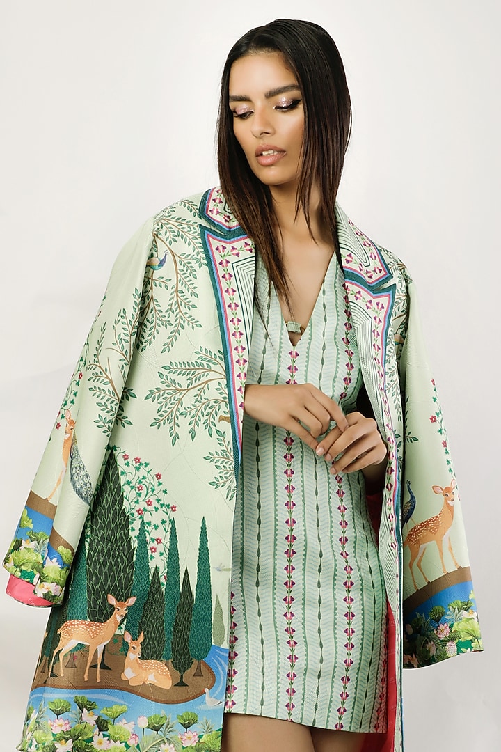 Green Textured Satin Printed Jacket by Limerick By Abirr N' Nanki at Pernia's Pop Up Shop