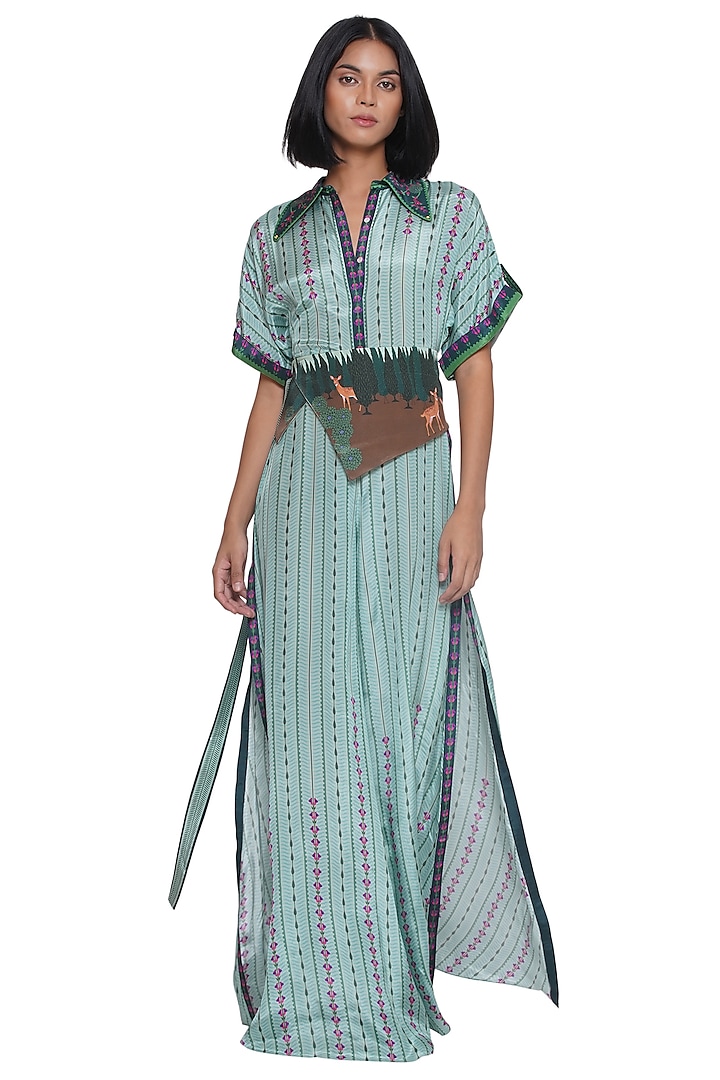 Green Crepe Printed & Embroidered Jumpsuit by Limerick By Abirr N' Nanki at Pernia's Pop Up Shop